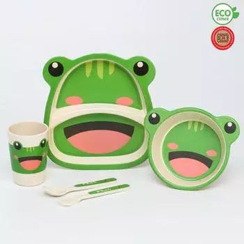 Набор бамбуковой посуды «Лягушка», 5 предметов: тарелка, миска, стакан, вилка, ложка