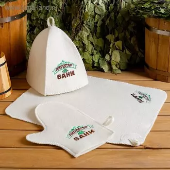 Набор для бани с вышивкой «Директор бани», 3 предмета: шапка, коврик, рукавица, шерсть 30%, полиэфир 70%, светлый, «Добропаровъ»