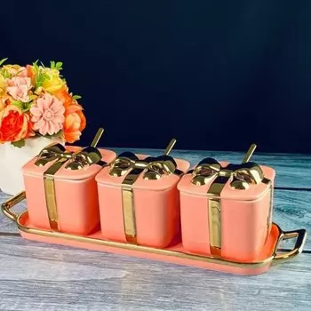 Набор баночек Lenardi Multicolor, с ложками на подставке, 350 мл, 3 шт