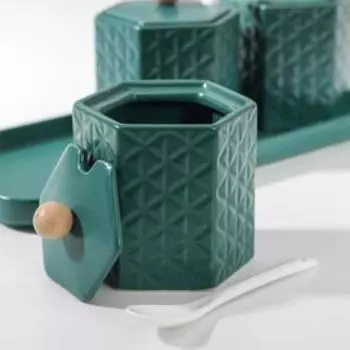 Набор банок керамический на подставке с ложками «Антураж», 300 мл, 9,5×8×10 см, 3 шт, цвет зелёный