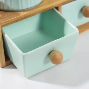 Набор банок «Антураж», 6 шт, 3 банки: 200 мл, 3 емкости: 220 мл, 3 ложки, на деревянной подставке, цвет голубой