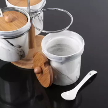 Набор банок керамических для специй с ложками на деревянной подставке «Эстет. Мрамор», 3 предмета: 250 мл