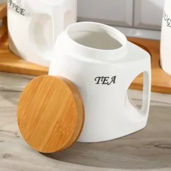 Набор банок керамических для сыпучих продуктов на деревянной подставке «Эстет. Ручки», 3 предмета: 750 мл, цвет белый