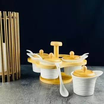 Набор банок для специй Lenardi Bamboo, с ложками, фарфор, 100 мл, 4 шт