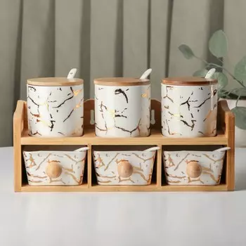 Набор банок для сыпучих прод на деревянной подставке «Эстет. Gold», 6 шт, цвет белый