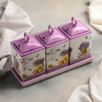 Набор банок для сыпучих продуктов «Душистая лаванда», 400 мл, 3 шт, с ложками на подставке