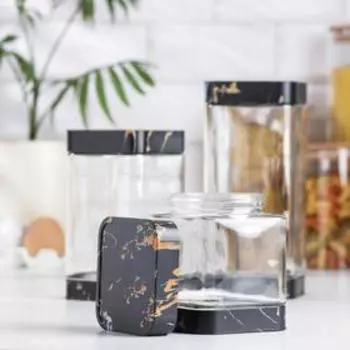 Набор банок стеклянных для сыпучих продуктов «Элегант», 3 предмета: 750/1000/1400 мл, цвет чёрный мрамор