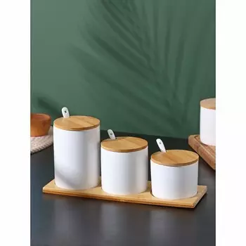 Банки для хранения сыпучих на бамбуковой подставке BellaTenero, 6 предметов: 3 банки 150 мл, 250 мл, 350 мл, 3 ложки, белые