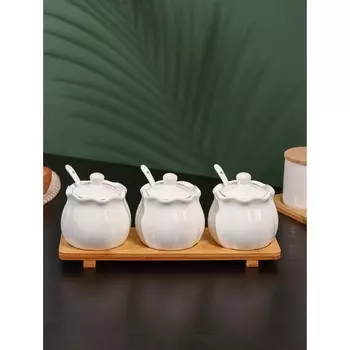 Банки для хранения сыпучих продуктов на деревянной подставке BellaTenero, 6 предметов: 3 банки 300 мл, 8,59.5 см, 3 ложки, керамические, цвет белый