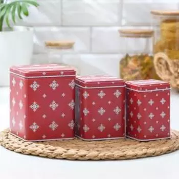 Набор банок для сыпучих продуктов «Снежинки», 10,5×13,5 см, 8,8×10,4 см, 7×10,5 см, 3 шт, цвет красный