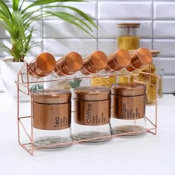 Набор банок стеклянных для сыпучих продуктов «Стиль», 281231 см, на подставке, 8 шт, цвет бронзовый