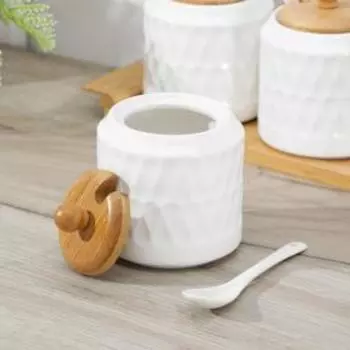 Банки для сыпучих BellaTenero «Тюльпан», 300 мл, с ложками, на бамбуковой подставке, фарфор, белые