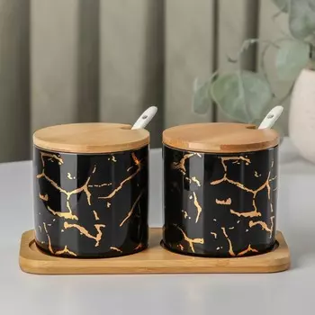 Набор банок на деревянной подставке «Эстет. Gold», 300 мл, 19,5×10×10 см, 2 шт, цвет чёрный