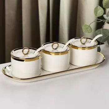 Набор банок керамических с ложками на подставке «Акварель», 3 предмета: 220 мл, цвет белый