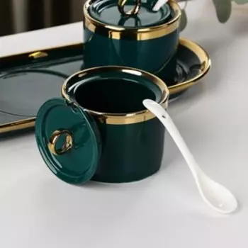 Набор банок на керамической подставке «Акварель», 3 шт, с ложками, на подставке, цвет изумруд