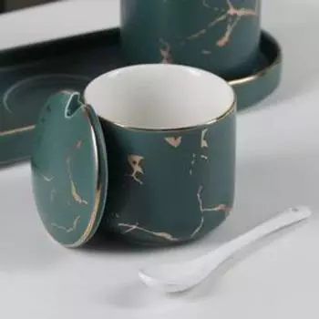 Набор банок на керамической подставке Gold, 3 шт, 250 мл, 3 банки 8×8 см, 3 ложки, цвет зелёный