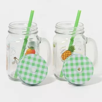 Кружки Доляна «Летняя прохлада»,450 мл, набор 2 шт.: 2 кружки с крышками и трубочками, стекло, прозрачные