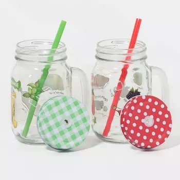 Кружки Доляна «Яркий лимонад», 450 мл, набор 2 шт.: с крышками и трубочками, стекло, прозрачные