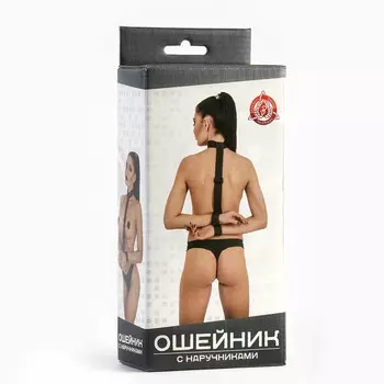 Набор БДСМ для фиксации, ошейник с лентой-наручниками, черный