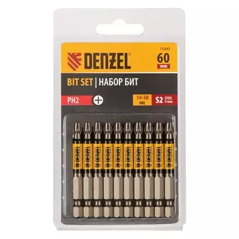 Набор бит Denzel 11642, круглый профиль, PH2 х 60 мм, сталь S2, 10 шт.
