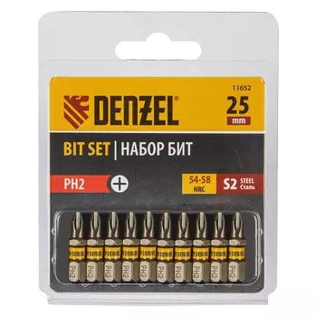 Набор бит Denzel 11652, шестигранный профиль, PH2 х 25 мм, сталь S2, 10 шт.