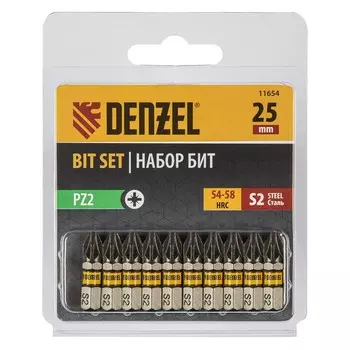 Набор бит Denzel 11654, шестигранный профиль, PZ2 х 25 мм, сталь S2, 10 шт.