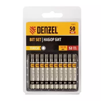 Набор бит Denzel 11671, шестигранный профиль, TORX 30 х 50 мм, сталь S2, 10 шт.