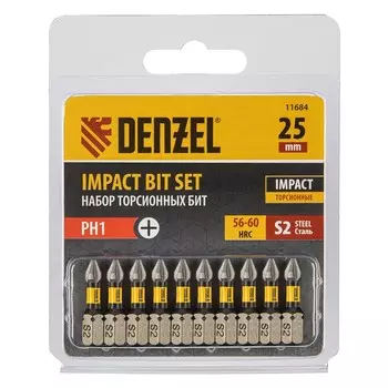 Набор бит торсионных Denzel 11684, лазерная обработка шлица, PH1 x 25 мм, сталь S2, 10 шт.