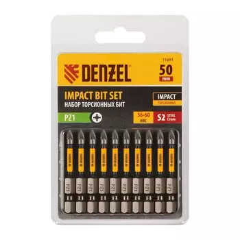 Набор бит торсионных Denzel 11691, лазерная обработка шлица, PZ1 x 50 мм, сталь S2, 10 шт.