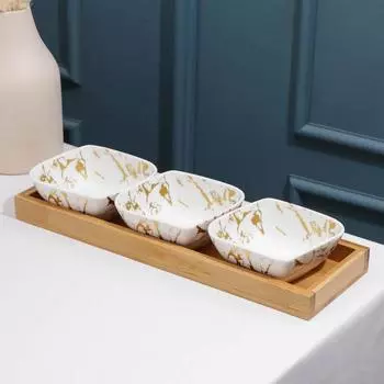 Набор блюд на деревянной подставке «Эстет. Gold», блюдо 9×8×4 см, 3 шт