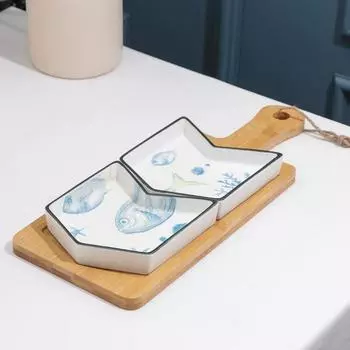 Набор блюд на деревянной подставке «Подводный мир», 2 шт, 35×14×4,5 см