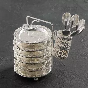 Набор блюдец «Цветок», с подставкой, с ложками, 6 шт, цвет серебряный