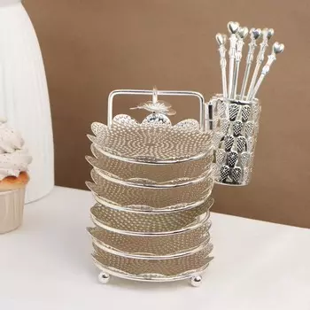 Набор блюдец «Дождь», с подставкой, с ложками, 6 шт, цвет серебряный