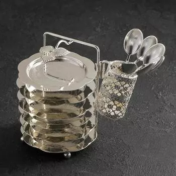 Набор блюдец «Роза», d=10,5 см, с подставкой, с ложками, 6 шт, цвет серебряный