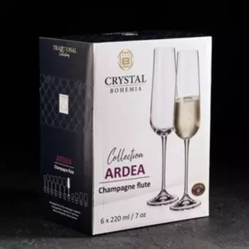 Бокалы для шампанского Ardea, 220 мл, набор 6 шт., стекло, прозрачные