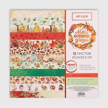 Набор бумаги для скрапбукинга «Мои осенние грёзы» с фольгированием, 12 шт, 30 х 30 см, 250 г/м