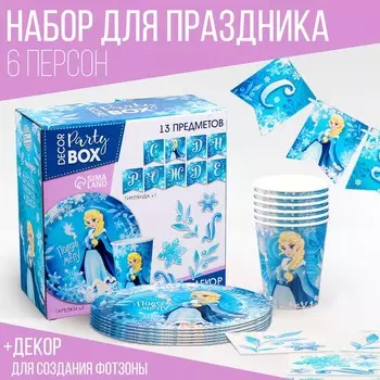 Посуда одноразовая бумажная «Холодная принцесса», 6 тарелок, 6 стаканов, 1 гирлянда, декор