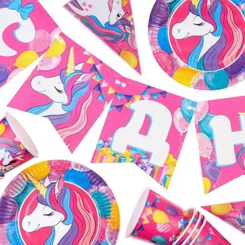 Набор бумажной посуды, на 6 персон "С Днем Рождения", Минни Маус и Единорог