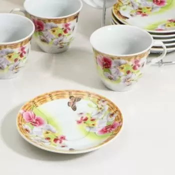 Набор чайный керамический на металлической подставке Доляна «Садовый дворик», 13 предметов: 6 чашек 200 мл, 6 блюдец d=14,1 см, чайник 1 л