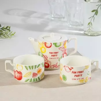 Набор чайный «Фрэш», 3 предмета: чайник 480 мл, 15×9×9 см, 2 кружки 280 мл, рисунок МИКС