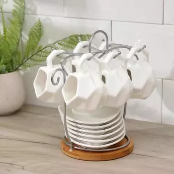 Набор керамический чайный «Эстет», 12 предметов: 6 чашек 100 мл, 6 блюдец d=11,7 см, на деревянной подставке