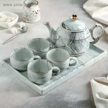 Набор чайный керамический «Мрамор», 5 предметов: чайник 800 мл, 4 кружки 170 мл, подставка 31×21 см, цвет синий