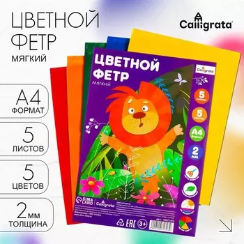 Фетр цветной набор, толщина-2 мм, формат А4, мягкий, 5 листов, 5 цветов, яркие цвета