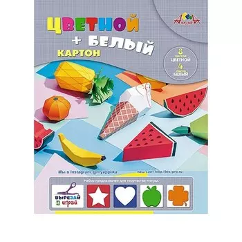 Набор цветного и белого картона А4, 12 листов на гребне, 8 листов цветного, 4 листа белого картона "Тропический микс", мелованный картон, плотность 200 г/м2