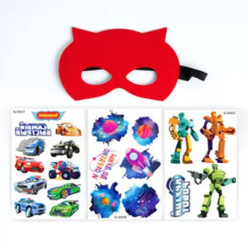 Переводные татуировки детские и маска супергероя «Супертачки», тату — 3 листа