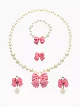 Набор детских украшений Выбражулька «Бант», 4 предмета: кулон, браслет d=6 см кольцо, клипсы, бело-розовый