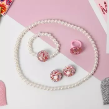 Набор детский 4 предмета: клипсы, бусы, браслет, кольцо "Единорог", цвет бело-розовый