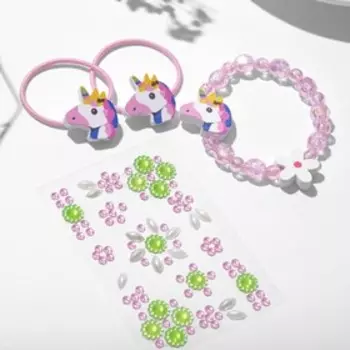 Набор детский "Выбражулька" 4 предмета: 2 резинки, браслет, стразы наклейки, единорожек, цвет МИКС