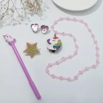 Набор детский "Выбражулька" 5 предметов: заколка, резинка, клипсы, бусы, ручка, единорог, цветной