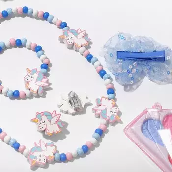 Набор детский «Выбражулька» 4 предмета: резинка для волос, клипсы, бусы, браслет, единорожка, цветной